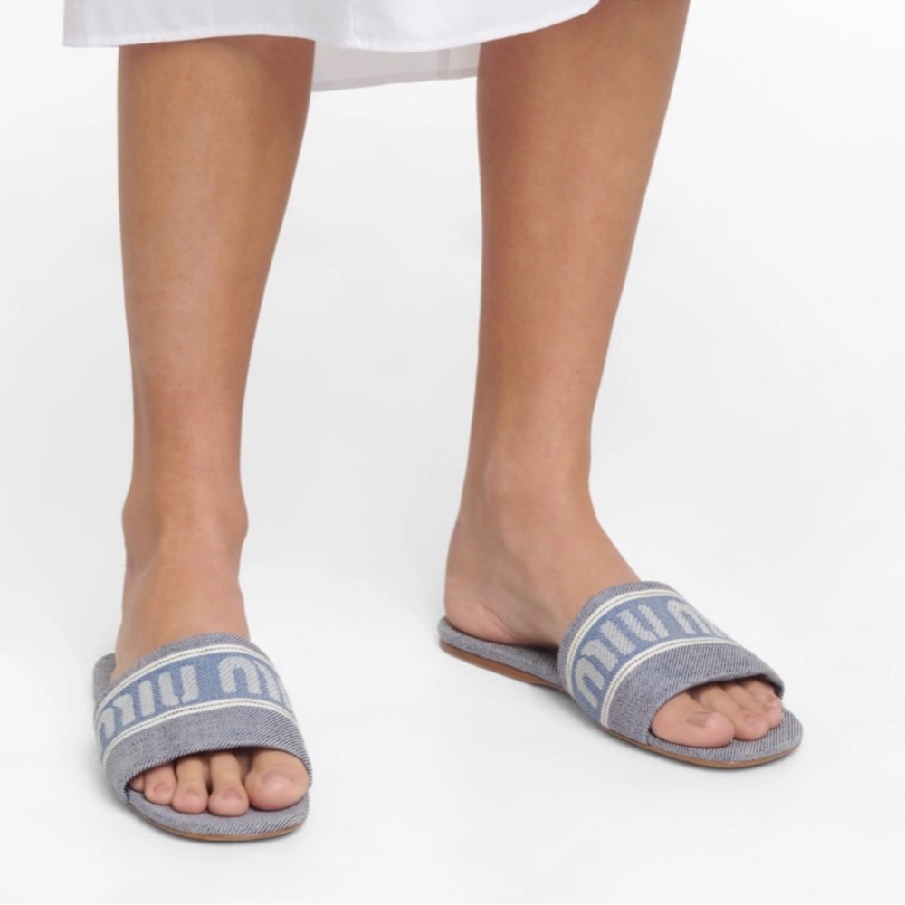 MIU MIU Denim Jacquard Flat Sandals, size 38.5